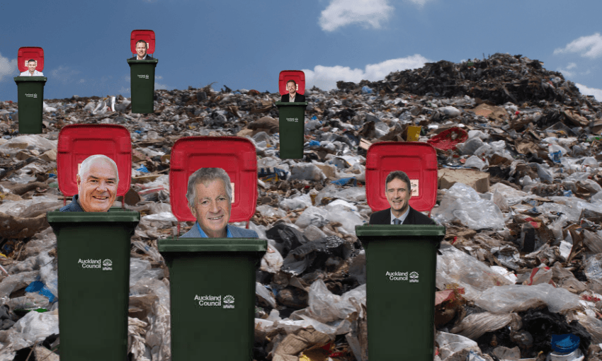 Three green Auckland Council wheelie bins and several in the background are placed in a landfill, each with a cutout photo of a man’s head inside the open lids. Trash piles and a partly cloudy sky are visible.