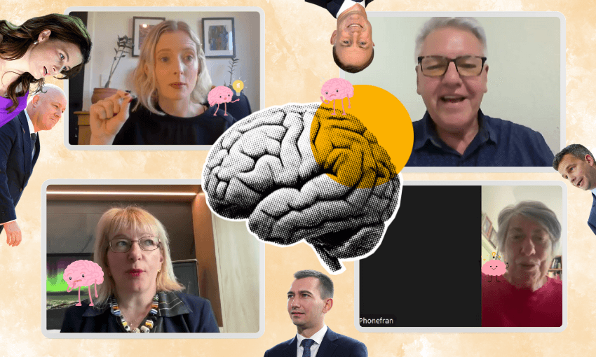 A collage featuring four video call participants, each with a small cartoon brain illustration, surrounding an illustrated brain at the center. Other faces are edited onto the background, partially visible around the edges.