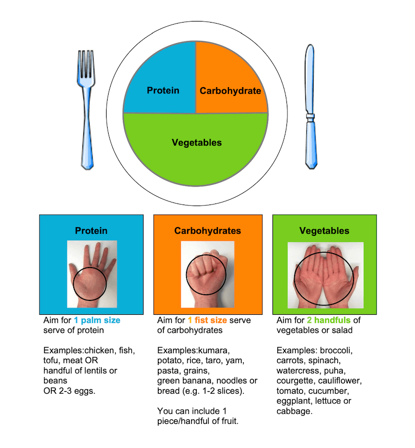 A plate divided into three sections: half for vegetables, a quarter for carbohydrates, and a quarter for protein. Below are hand-size guides and food examples for each type: palm for protein, fist for carbs, handfuls for vegetables.