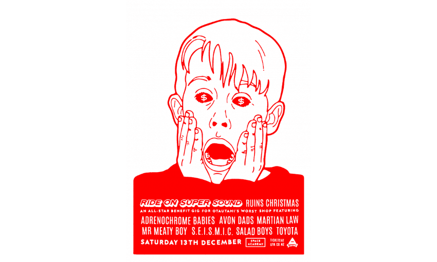 A poster for a record store fundraiser showing an illustration of Kevin from the film Home Alone holding his face and screaming.