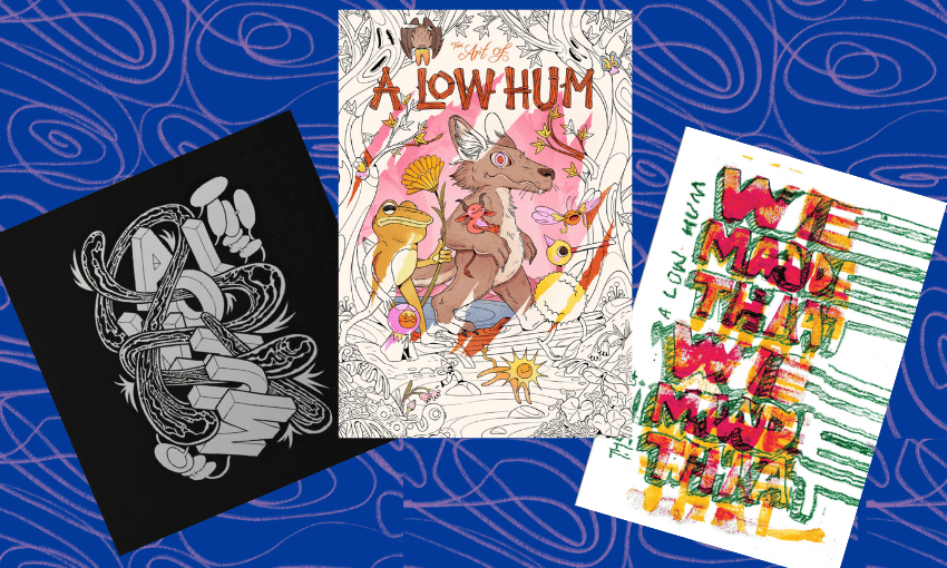 Three book covers celebrating The Art of a Low Hum. From left to right: the lush hardback with the official posters; the colouring book, and the renegade art book with posters made by the people. 
