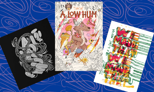 Three book covers celebrating The Art of a Low Hum. From left to right: the lush hardback with the official posters; the colouring book, and the renegade art book with posters made by the people. 
