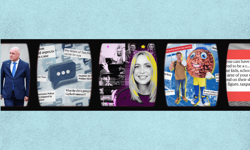 A collage features: a man in a suit, news clippings with a chat icon, a woman smiling with glitch effects, a man standing next to a mascot, and partial red text, all on a light blue textured background.