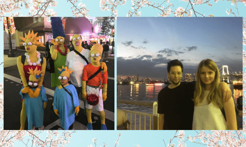 A split image: left side shows five people in The Simpsons character costumes; right side shows a man and woman posing by a waterfront at sunset with a city skyline in the background. Floral pattern borders the image.