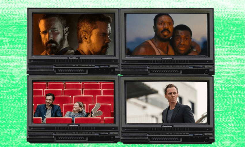 A lime green background with four television screens featuring the latest releases of the week