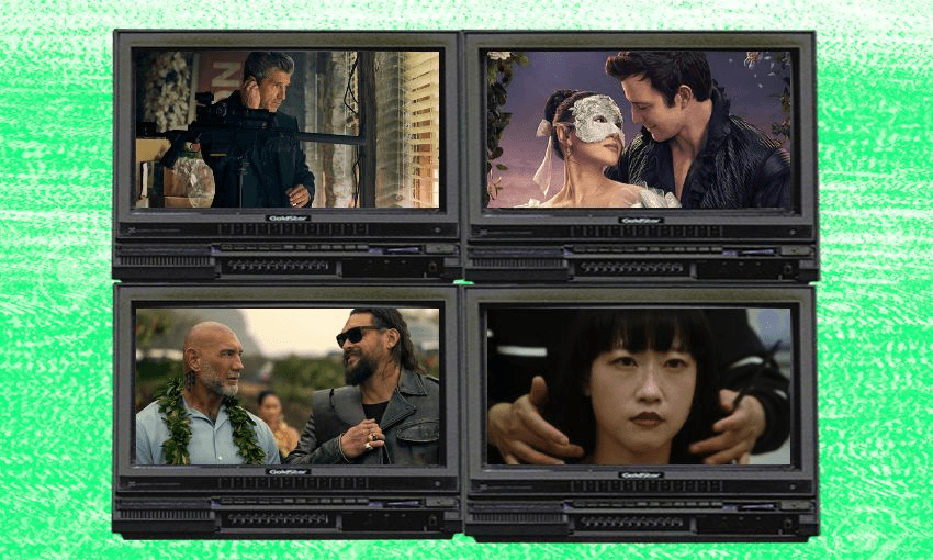 A lime green background with four television screens featuring the latest releases of the week