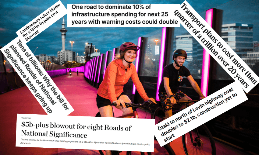 Two smiling cyclists ride on a bright pink elevated bike path in a city at sunset. Overlaid headlines discuss the high costs and future spending on New Zealand transport infrastructure projects.