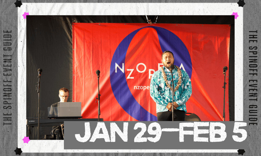 A photo of an opera singer at a microphone.