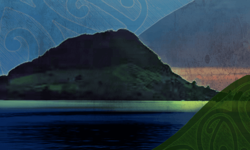 A dark silhouette of a mountain or hill by calm water at sunset, overlaid with blue and green patterns featuring swirling, koru-like designs.