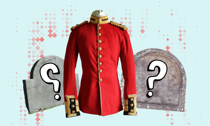A red military-style jacket with gold buttons is displayed between two gray tombstones, each marked with a large question mark. The background features a pattern of red and white squares on light blue.
