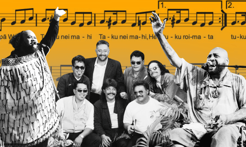 A black-and-white collage of musicians, including a group of people posing together and two singers performing, is set against a yellow background with musical notes.