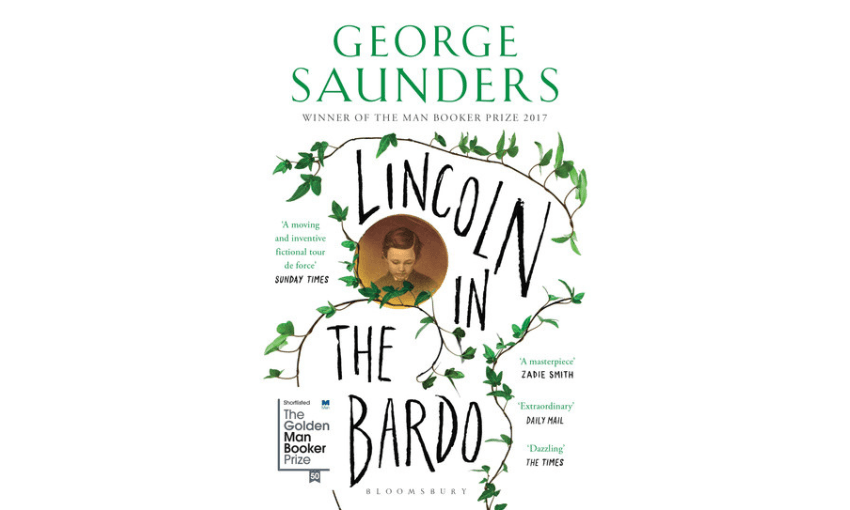 The cover of Lincoln in the Bardo - a novel by George Saunders. It is white with tendrils of a leafy plant and a circle with the painting of a person in it.
