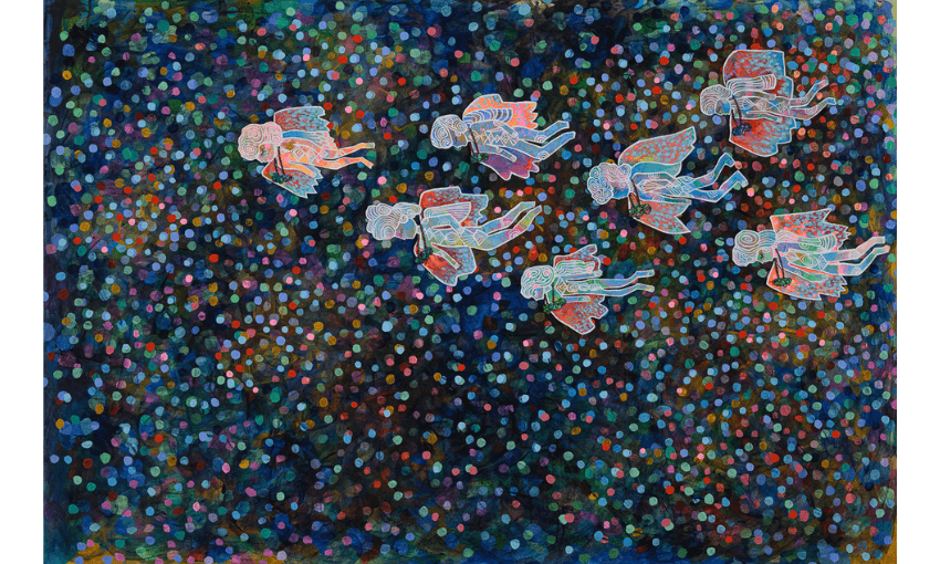 A painting of seven winged figures flying through a colourful world of dots. 