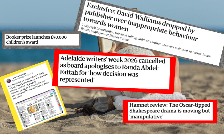 A photo of a person reading on a beach with fragments of headlines layered over top.