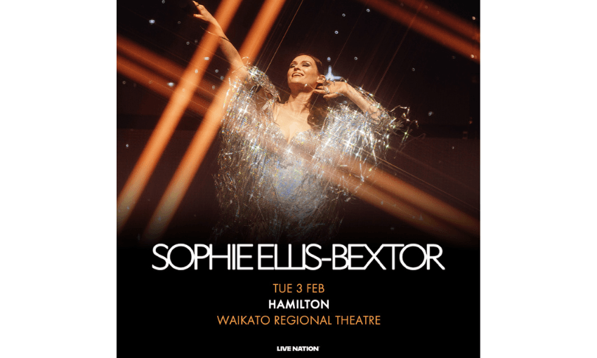 A promotional poster for a Sophie Ellis-Bextor concert showing the singer dancing in a silvery dress.