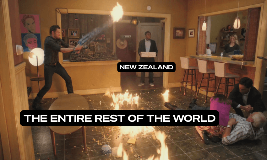 A chaotic kitchen scene: a man with a flamethrower labeled "New Zealand" causes fire and panic, while people labeled "The Entire Rest of the World" scramble amid the chaos.