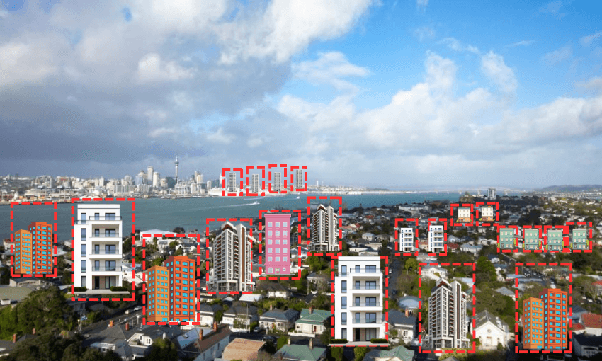 An urban skyline with digitally added apartment buildings outlined in red dashed lines, set against a harbor and distant cityscape under a partly cloudy blue sky.
