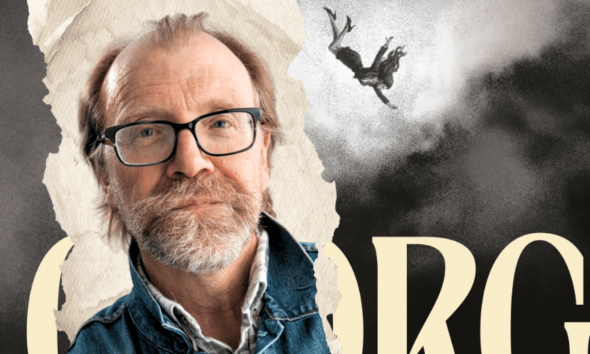 A photo of the writer George Saunders in front of a fragment of a book cover that shows a woman falling through the sky.