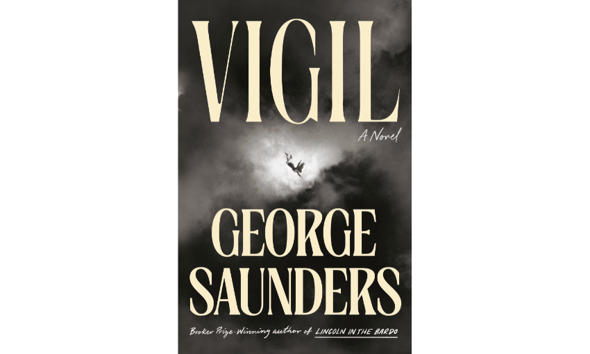 The cover of Vigil by George Saunders which shows a woman falling to earth with large lettering overlaid.