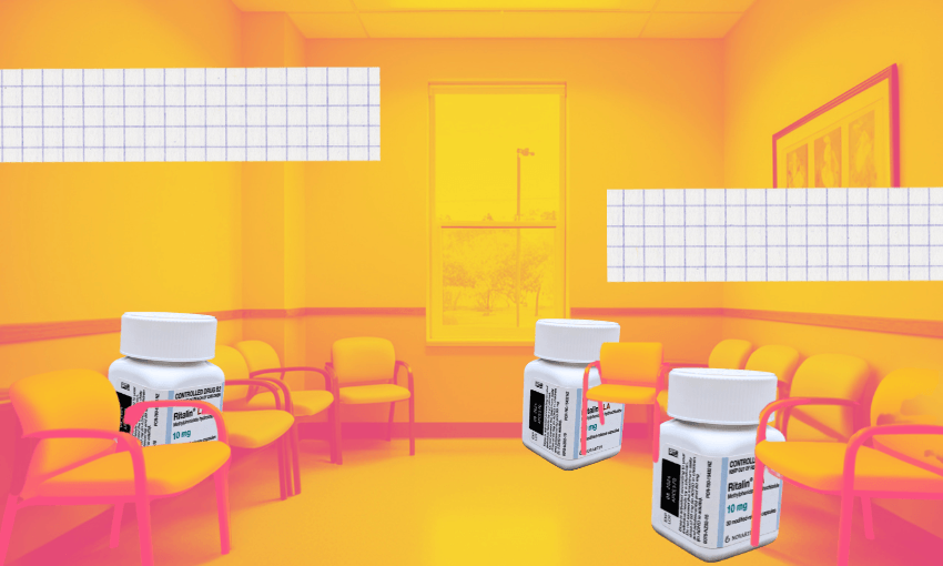 a wawiting room with ritalin pill boxes hiding behind the chairs