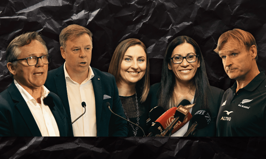 Five people, three men and two women, stand in a row, some speaking at microphones. The background is dark and textured, and they appear to be at a formal press event or announcement.
