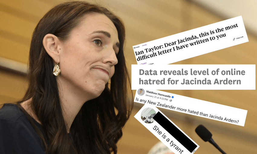A woman stands in front of a microphone with a solemn expression. Overlaid are headlines and messages about online hatred and criticism directed towards Jacinda Ardern.