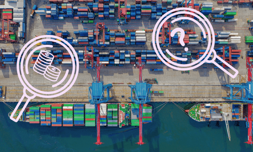 an image of a port from avobe with magnifying glasses over containers with money and questionmakrs inside suggesting investigation