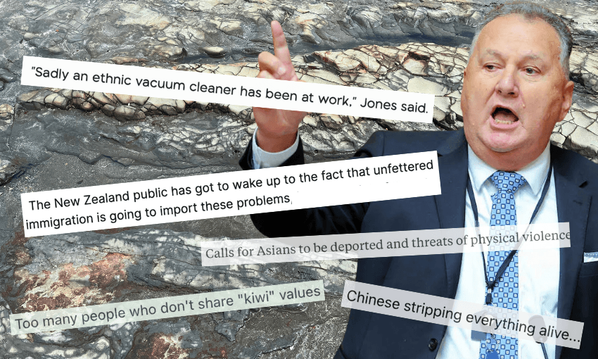 A man in a suit gestures while surrounded by newspaper clippings with anti-immigration and racist statements about Asians, unfettered immigration, and "kiwi" values, set against a background of cracked stone.