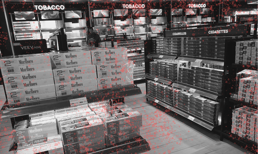 A store display filled with various tobacco and cigarette products, including large stacks of Marlboro boxes. The image is mostly black and white with a red splatter effect overlay.
