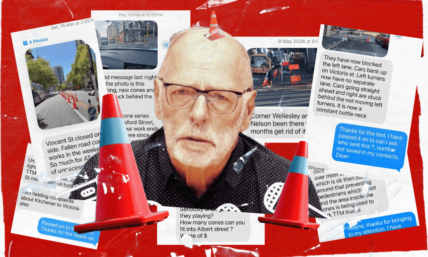 A collage featuring an older man with glasses and a red-and-white traffic cone on his head, surrounded by orange cones and screenshots of text messages about road closures, all set against a red background.