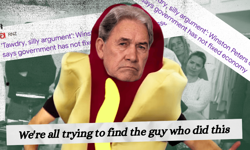 A man’s face, edited onto someone in a hot dog costume, stands before background headlines and the caption: "We’re all trying to find the guy who did this.