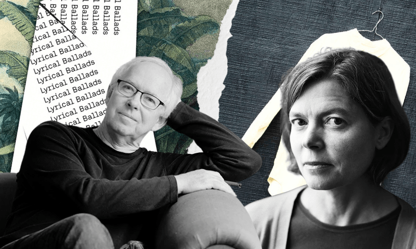 A black and white photo of Bill Manhire who is reclining with one hand behind his head (still seated on a couch) and beside him a black and white photo of Jenny Bornholdt who has short hair. Behind them is a collage of images from their book covers.