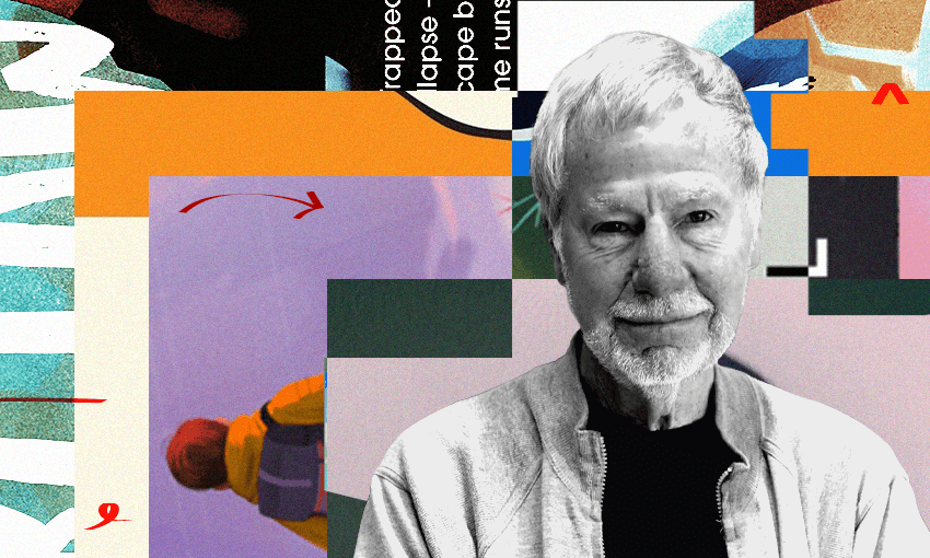 A black and white photo of writer David Hill who is an older man with white hair and beard. Behind him is a collage of book covers.