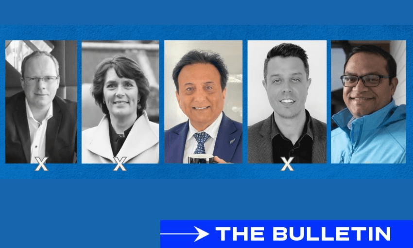 Five people, three in black and white and two in color, are shown in separate portrait photos against a blue background. Below them, a blue banner reads "THE BULLETIN" with a white arrow.