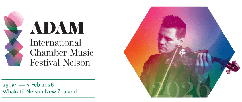 A promotional banner for the Adam Chamber Music Festival which shows a photo of a man playing the violin.
