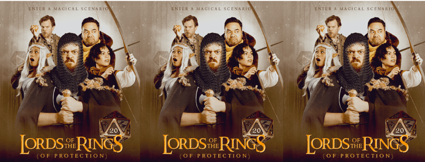 A promotional image for a show called Dungeons and Comedians; which is three images tessalated, all of characters taking off the Lord of the Rings poster. The images also has