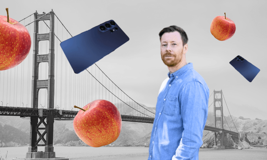A man in a blue shirt stands in front of the Golden Gate Bridge. Around him are floating apples and smartphones against a grayscale background, with only the apples, phones, and man in color.