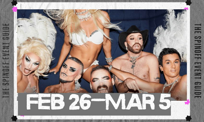 A promotional banner for the event guide showing the dates and a photo of drag queens wearing white costumes.