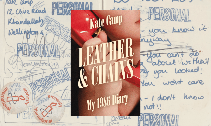 The cover of Kate Camp's annotated diary called Leather & Chains: My 1986 Diary, which shows a person on an old fashioned telephone (holding the receiver to their ear). The background is a handwritten page spread with words like "personal!" written on it.