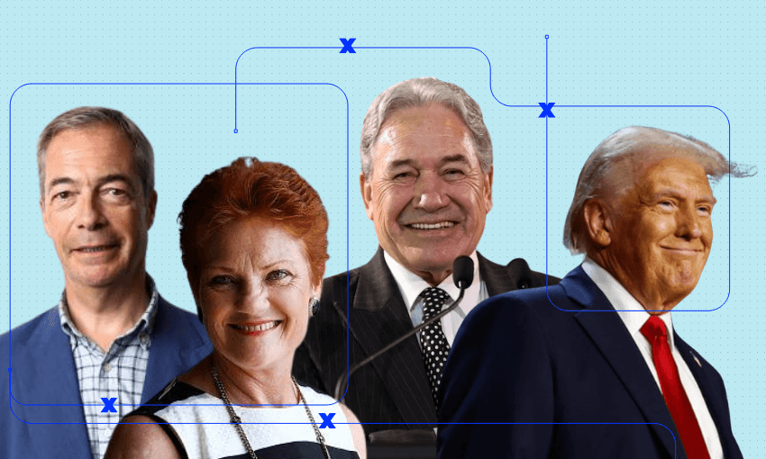 Nigel Farage, Pauline Hanson, Winston Peters and Donald Trump. Images: Getty. Design: Tina Tiller
