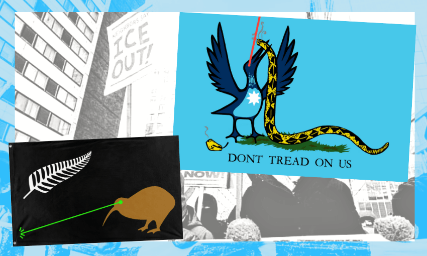 A collage features a black kiwi flag shooting a green laser at a blue eagle-and-snake “Don’t Tread On Us” flag; both on a grayscale background of a city protest with an "ICE OUT!" sign.