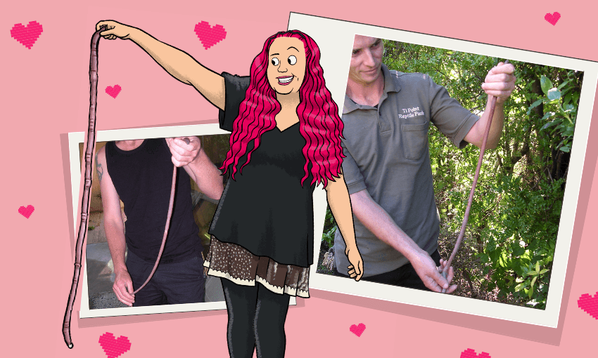 A cartoon woman with long pink hair smiles and holds a long stick. Behind her are two photos of people holding similar long sticks. The background is pink with scattered heart shapes.