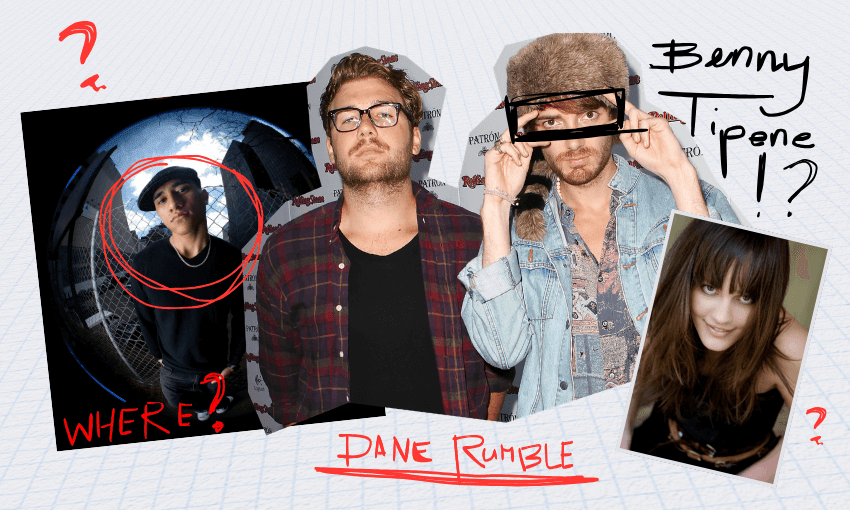 A collage of four people: a person in a bucket hat circled with "WHERE?" in red, a man in glasses and plaid shirt, a man in a fur hat with "Benny Tipene!?" above him, and a smiling woman with long brown hair.