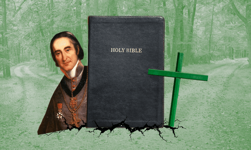 A painting of a man in historical clothing, a large Holy Bible, and a green cross appear on a cracked ground with a green-tinted forest and a forked path in the background.