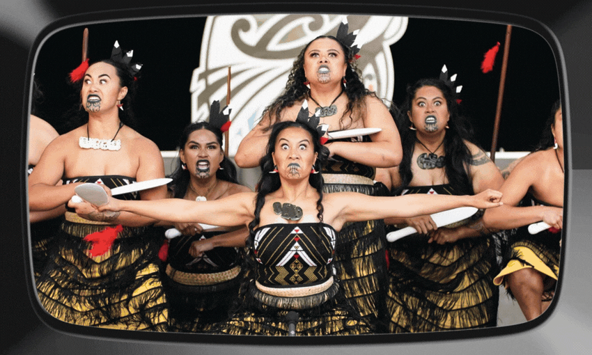 A group of Māori women in traditional clothing perform a haka, holding paddles, with fierce facial expressions and painted chins, in front of a patterned backdrop.