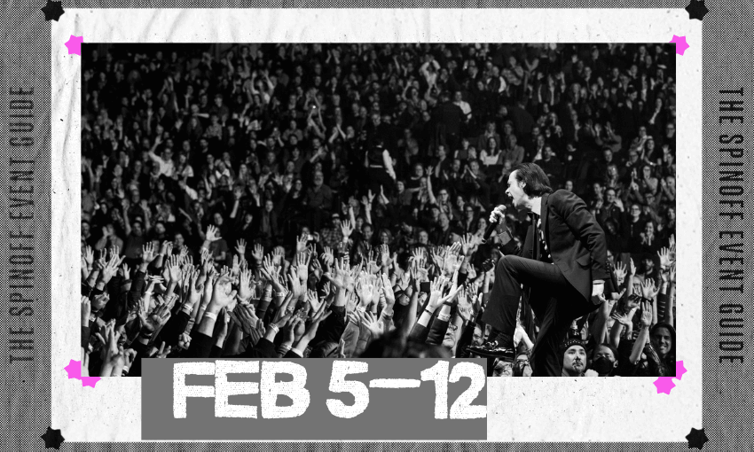 A banner image showing a black and white photo of a large dense crowd at a Nick Cave concert, with the musician Nick Cave kneeling and singing into a microphone.