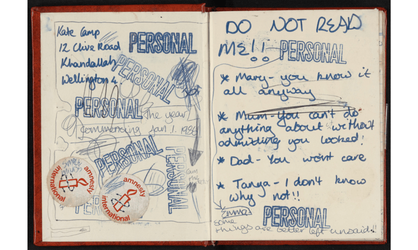 A page spread from the inside pages of a diary: written in blue ink are words like