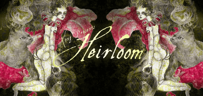 A banner with the word Heirloom in cursive script, with surreal sketches of cats and women with jester ruffles behind it.