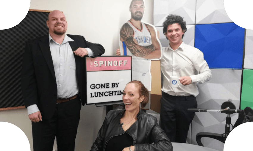 Pictured here in 2019, the full team for Gone By Lunchtim (the e was added later): Ben Thomas, Annabelle Lee-Mather, Steven Adams, Toby Manhire (Photo: Tina Tiller, probably) 
