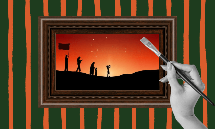 A hand holding a paintbrush paints a framed silhouette of four people, one holding a flag, on a hill at sunset with stars in the sky. The background is striped green and orange.
